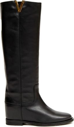 Via Roma 15 Zwarte leren laars met gouden V - Dames - Hoge Laarzen - Zwart - 40 EU - Leer - Schoenen