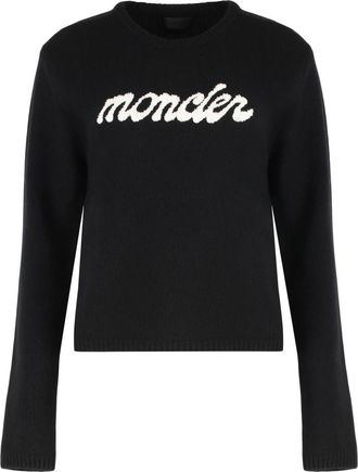 Moncler Geborduurd Logo Wol & Kasjmier Trui - Dames - Ronde hals truien - Zwart - M - Wol - Truien & Vesten