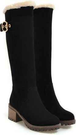 Generic Womens Knee-High Winter Boots, 6Cm Block Heel Long Shaft Boots Warm Lined High Boots with Buckle Straps And Side Zipper Knight Boots for Outdoor Parti