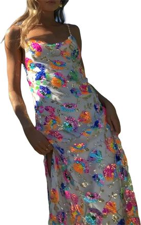 Generic Women V-Neck Maxi Dress Sleeveless High Slit Evening Gown Shimmering Formal Party Dress-White-L