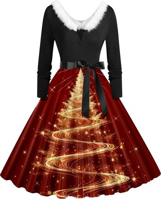 Generic Christmas Dresses for Women Christmas V Neck Fluffy Party Dress Plus Size Claus Costume Outfit Long Sleeve Dress with Belt Autumn Winter Women Dresses