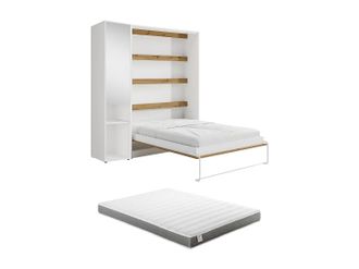 Vente-Unique Letto A Scomparsa Verticale 140 X 200 Cm 1 Colonna Contenitore Con Specchio E Led Bianco E Naturale + Materasso - Rapili
