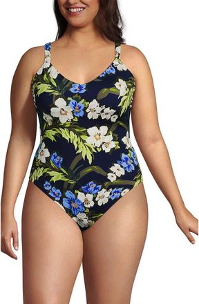 Lands End V-Neck High Leg Strappy Back One Piece in Deep Sea/blue Floral Tropic at Nordstrom, Size 18W