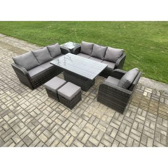 Fimous Outdoor Rattan Garden Furniture Sets Height Adjustable Rising lifting Dining Table Sofa Set with Reclining Chair Side Table Dark Grey Mixed - Fimous