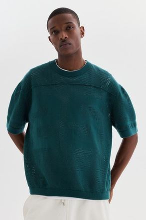 H&M Relaxed Fit Boxy Mesh T-shirt in Dark Teal at Nordstrom, Size X-Small