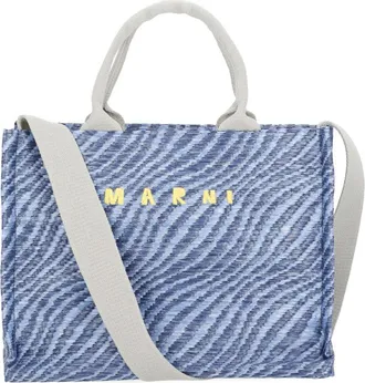 Marni Textured Blue Shopping Bag with Contrasting Embroidered Logo