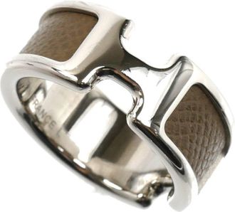 Herm&egrave;s Silver Etoupe Gray Gold Plating Leather Band Ring (Pre-Owned)
