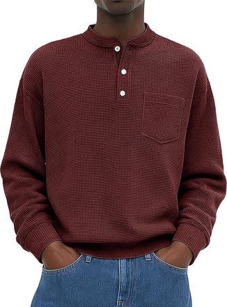 Generic Mens Henley Shirts Long Sleeve Long Sleeve Henley Shirts for Men Front Pocket 3 Button V Neck Pullover Waffle Knit Thermal Fahion Casual Tee Shirt Win