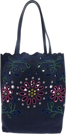 Chlo&eacute; Green Navy Pink Linen Pouch Tote Bag (Pre-Owned)