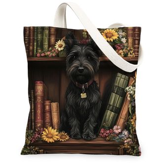 Generic Spring Scottish Terrier Dog Canvas Tote Bag for Shopping 13x15, Flower Bookshelf Puppy Reusable Grocery Print Bag for Women, Fun Pet Beach Aesthetic P