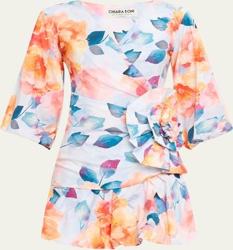 La Petite Robe Di Chiara Boni Ruched Watercolor-Print Bubble Mini Dress