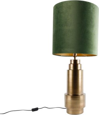 QAZQA Table Lamp Bronze Velvet Shade Green with Gold 40 cm - Bruut