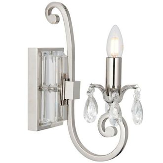 Loops Esher Luxury Single Curved Arm Traditional Wall Light Bright Nickel Crystal Drop in Metallics
