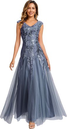 Ever-pretty Womens Sequin Evening Gown with Sleeveless V-Neck Tulle Dress for Formal Wedding Guest Party Dresses Dusty Blue 10