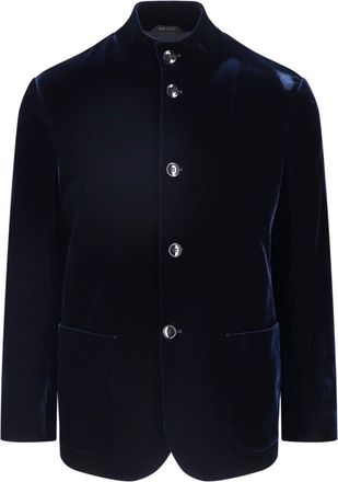 Giorgio Armani Blue Stand Collar Button-Up Viscose Velvet Jacket