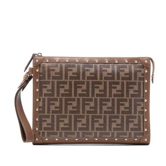 Fendi Pre-owned Fendi Studded Leather Trimmed Zucca Coated Canvas Clutch 8AUKZEBC0HHR1BM7