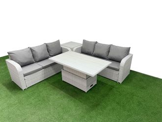 Fimous Outdoor Garden Furniture Sets 6 Seater Wicker Rattan Furniture Sofa Sets w/ Adjustable Lifting Dining or Coffee Table high Back Lounge Sofa