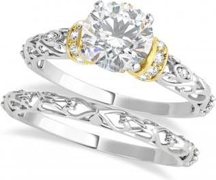 Allurez Moissanite & Diamond Antique Style Bridal Set 14k Two-Tone Gold (0.87ct)