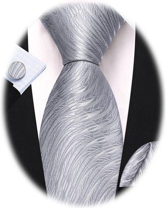 Barry.Wang Mens Silver Tie Silk Grey Necktie Handkerchief Cufflink Set Formal Wedding Business