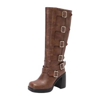 Generic Womens Retro Knee High Boots Square Toe Platform Chunky Heel Slip On Design With Decorative Metal Buckles