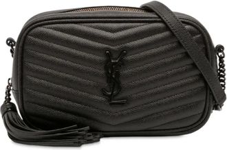 Saint Laurent Borsa a tracolla Monochrome Lou mini in pelle Grain de Poudre matelass&eacute; con monogramma 2020 - Nero