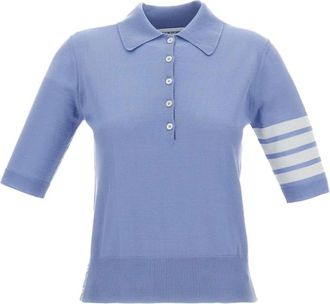 Thom Browne Tops, Dames, Blauw, XS, Wol, Polo shirt met 4-streep knoopdetail
