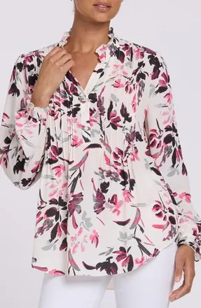 NYDJ Pleated Yoke Long Sleeve Peasant Blouse in Starlight Garden at Nordstrom, Size Xx-Small