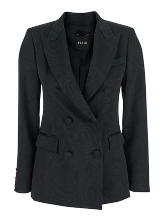 Plaîn Black Double-Breasted Jacket With Damask Effect In Wool Woman