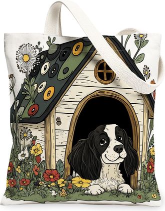 Generic Spring Boykin Spaniel Dog Canvas Tote Bag for Shopping 13x15, Fun Flower Puppy Kennel Reusable Grocery Print Pattern Bag for Women, Cute Pet Beach Aes