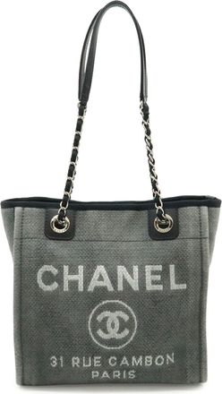 Chanel Black Gray Canvas Leather Shoulder Bag Tote Bag (Pre-Owned)
