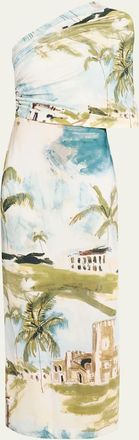 Oscar De La Renta One-Shoulder Drape Dominican Landscape Jersey Gown