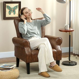HOMCOM Upholstered Modern Accent Chair, Armchair with Wood Legs, Brown | Size: 1 Seater