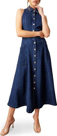 Flying Tomato Sleeveless Denim Maxi Shirtdress in Medium Indigo at Nordstrom Rack, Size Large