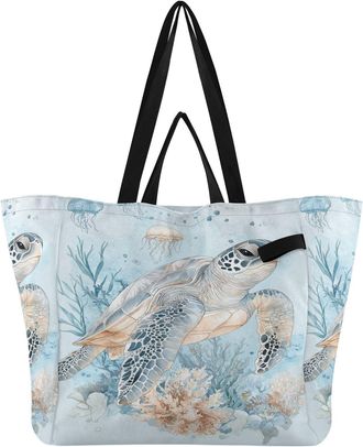 Generic Jellyfish Turtle Coral pattern Reusable Canvas Tote Bag, Heavy Duty Grocery Shopping Bag with Double Handles Hard Bottom Large Capacity Work Groceries