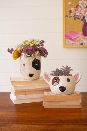 Kalalou Set Of Two Ceramic Black And White Dog Head Planters