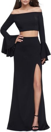 La Femme Off the Shoulder Two Piece Dress with Flared Sleeves in Black at Nordstrom, Size 6