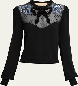 Valentino Garavani Beaded Floral Sheer Bust Wool Sweater