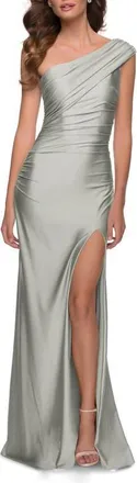La Femme One Shoulder Shiny Ruched Jersey Dress with Slit in Silver at Nordstrom, Size 10
