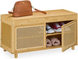 Relaxdays Relaxdays - Banco Zapatero, Con Almacenamiento, 2 Estantes, Bamb&uacute;, Dise&ntilde;o De Rat&aacute;n, 45 X 90 X 37 Cm, Natural/beige