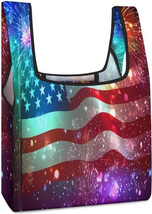 Generic Fourth of July US Independence Day Reusable Shopping Bags Lightweight Foldable Grocery Bag Polyester Washable Tote Bag