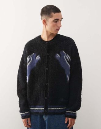 Reclaimed Vintage Cardigan girocollo squadrato nero con stampa di lepre-Blu navy