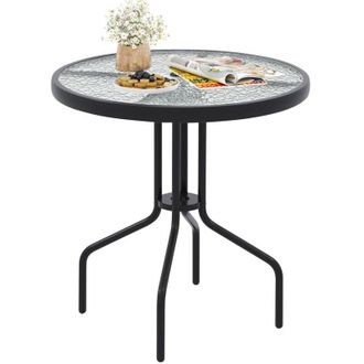 Costway Tavolo da Pranzo da Giardino 70 cm, Tavolo da Bistro Rotondo con Struttura in Metallo,Tavolino Esterno con Foro 4 cm, per Giardino, Piscina