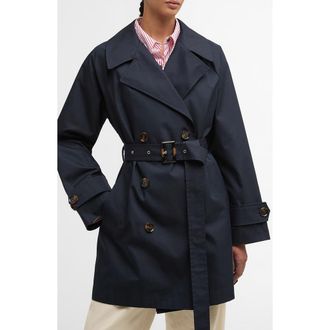 Barbour Adare Showerproof Water Resistant Trench Coat in Dark Navy/Dress Navy Tartan at Nordstrom, Size 12 Us