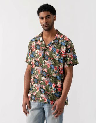 HUGO BOSS Mens BOSS Orange Mens Short Sleeve Floral Print Beach Shirt - Open Green 351 - Size: 38/Regular