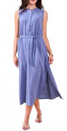 Tribal Crinkle Gauze Button-Front Belted Midi Dress In Seahaven