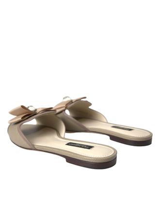 Dolce & Gabbana Womens Beige Logo Pearl Flats Sandals Slides Shoes Leather