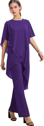 Generic Purple 2 Piece Chiffon Mother of The Bride Pant Suits Formal Wedding Guest Outfit Women Dressy Trousers Set Plus Size 20