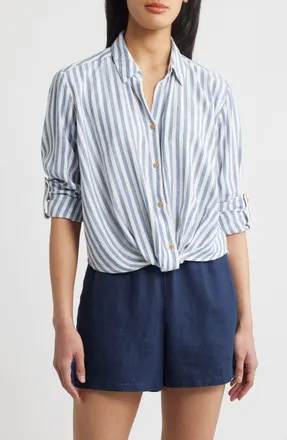 Beach Lunch Lounge Vivica Stripe Twist Hem Button-Up Shirt in Skylight at Nordstrom, Size X-Large