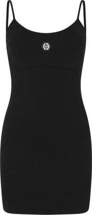 Philipp Plein Kleedjes, Dames, Zwart, XS, Katoen, Cotton Rib Short Tank Dress Crystal Hexagon