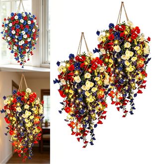 OEM Cestas Colgantes De Flores Patri&oacute;ticas Con Energ&iacute;a Solar, 2 Unidades, Impermeables, Rojas, Blancas Y Azules (2 Unidades)
